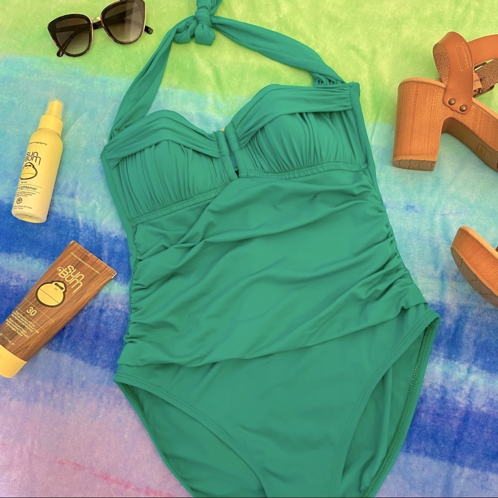 Blue Rod Beattie Halter Swimsuit green with gold accent